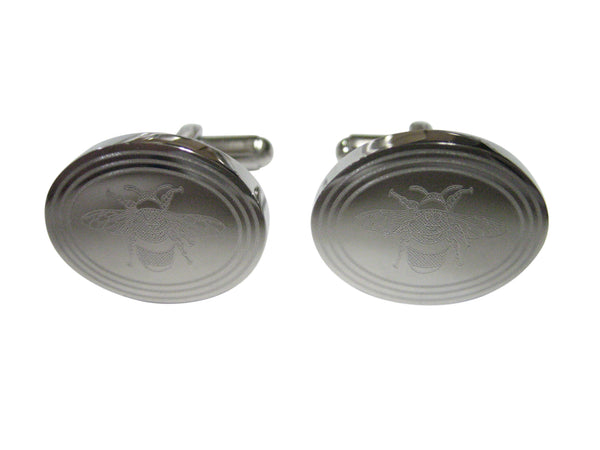 Silver Toned Etched Oval Bumble Bee Cufflinks