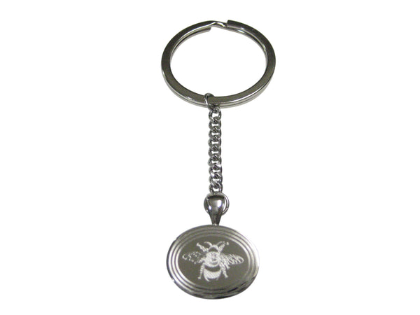 Silver Toned Etched Oval Bumble Bee Pendant Keychain