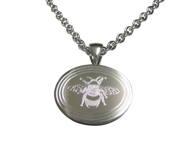 Silver Toned Etched Oval Bumble Bee Pendant Necklace