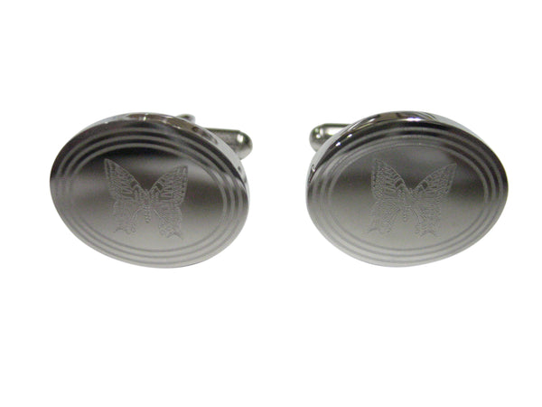 Silver Toned Etched Oval Butterfly Bug Cufflinks