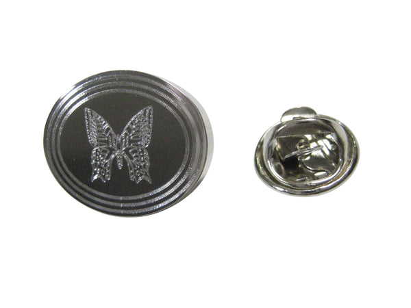 Silver Toned Etched Oval Butterfly Bug Lapel Pin
