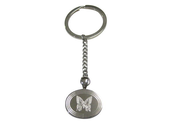 Silver Toned Etched Oval Butterfly Bug Pendant Keychain