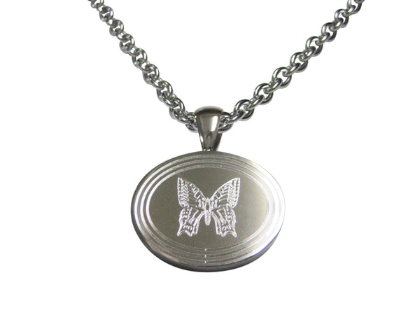 Silver Toned Etched Oval Butterfly Bug Pendant Necklace