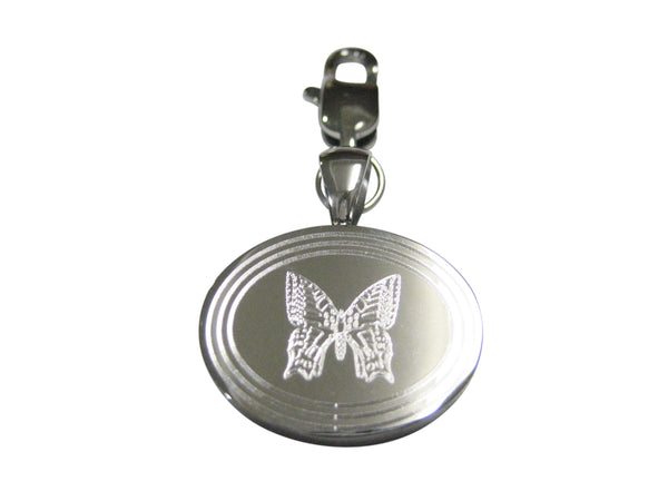 Silver Toned Etched Oval Butterfly Bug Pendant Zipper Pull Charm