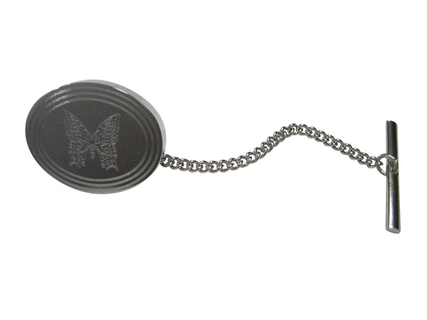 Silver Toned Etched Oval Butterfly Bug Tie Tack