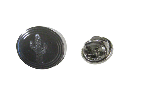 Silver Toned Etched Oval Cactus Plant Lapel Pin
