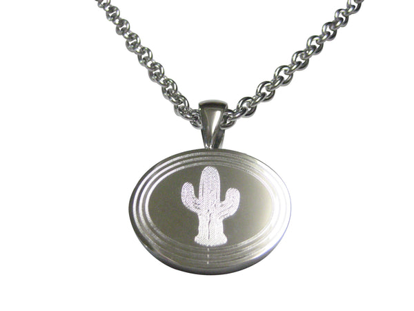 Silver Toned Etched Oval Cactus Plant Pendant Necklace