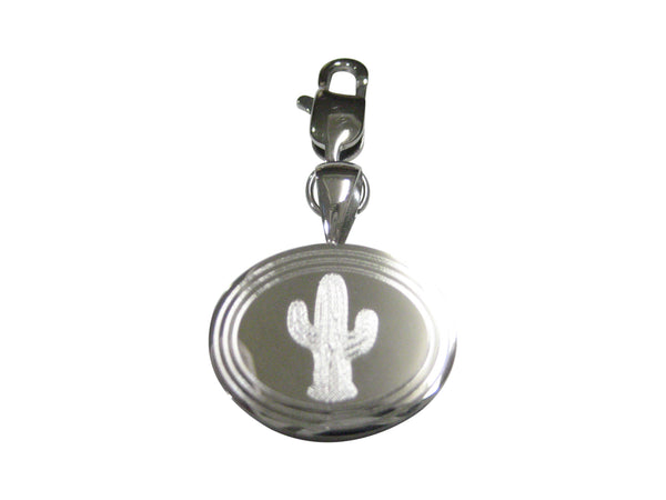 Silver Toned Etched Oval Cactus Plant Pendant Zipper Pull Charm