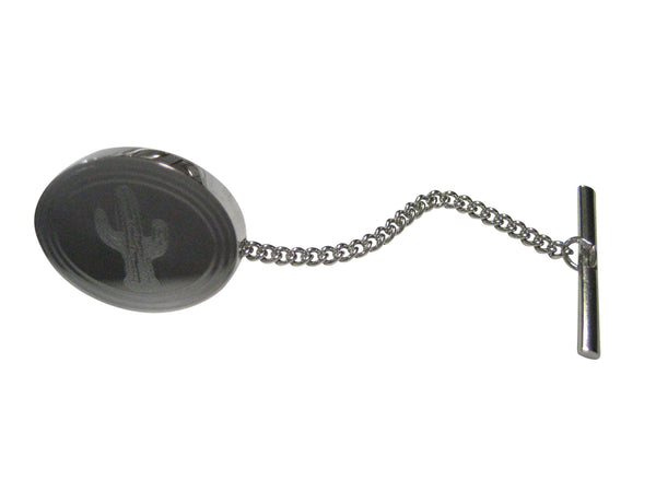 Silver Toned Etched Oval Cactus Plant Tie Tack