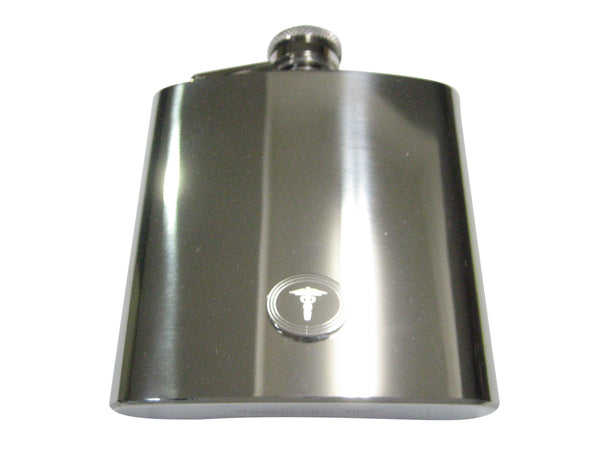 Silver Toned Etched Oval Caduceus Medical Symbol 6oz Flask