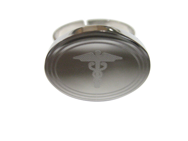 Silver Toned Etched Oval Caduceus Medical Symbol Adjustable Size Fashion Ring