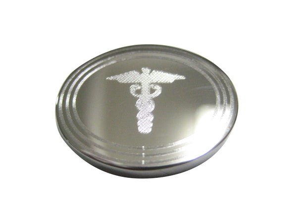 Silver Toned Etched Oval Caduceus Medical Symbol Magnet