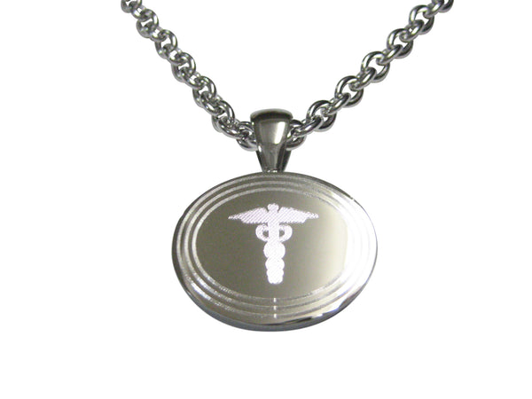 Silver Toned Etched Oval Caduceus Medical Symbol Pendant Necklace