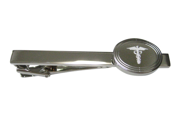 Silver Toned Etched Oval Caduceus Medical Symbol Tie Clip