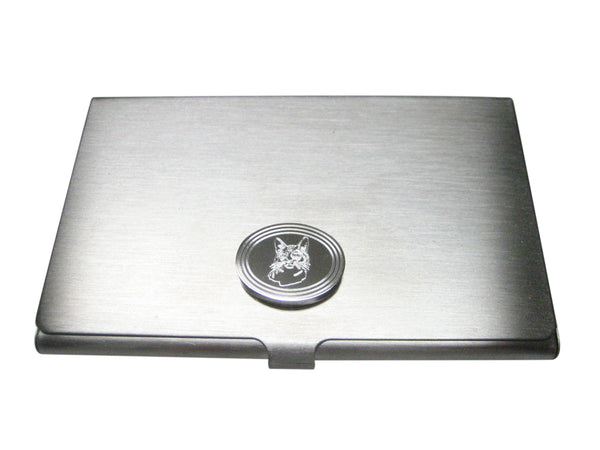 Silver Toned Etched Oval Cat Head Business Card Holder