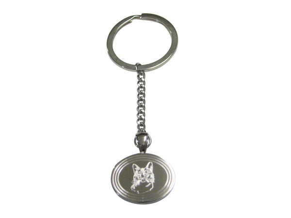 Silver Toned Etched Oval Cat Head Pendant Keychain