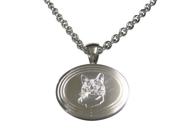 Silver Toned Etched Oval Cat Head Pendant Necklace