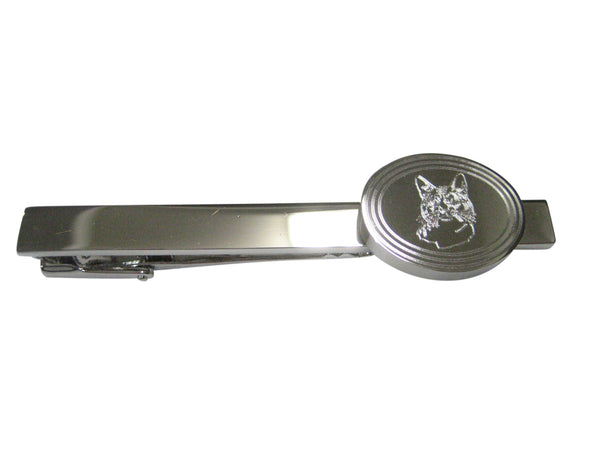 Silver Toned Etched Oval Cat Head Tie Clip