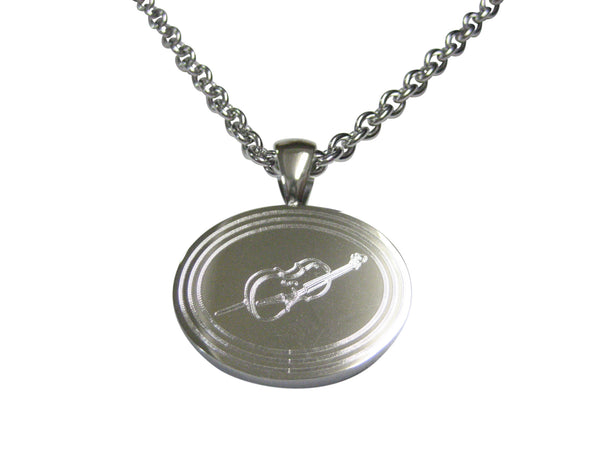 Silver Toned Etched Oval Cello Music Instrument Pendant Necklace
