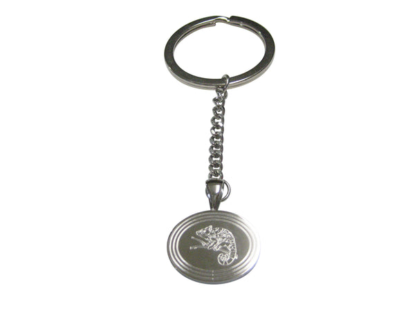 Silver Toned Etched Oval Chameleon Pendant Keychain