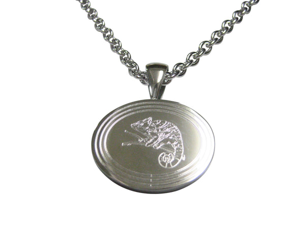 Silver Toned Etched Oval Chameleon Pendant Necklace
