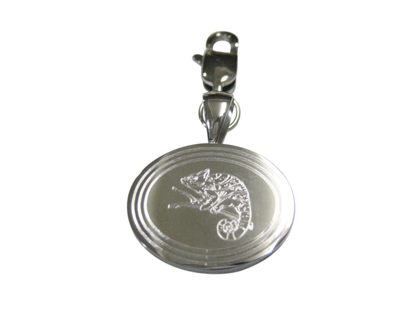 Silver Toned Etched Oval Chameleon Pendant Zipper Pull Charm
