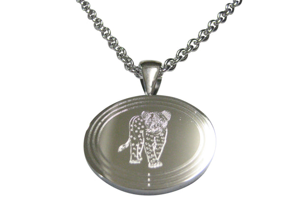 Silver Toned Etched Oval Cheetah Cub Pendant Necklace