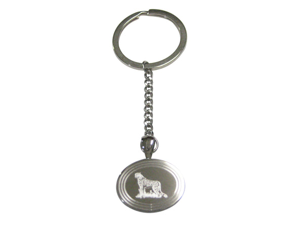 Silver Toned Etched Oval Cheetah Pendant Keychain