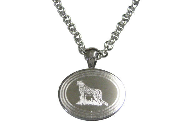 Silver Toned Etched Oval Cheetah Pendant Necklace