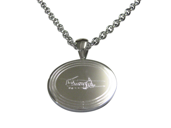 Silver Toned Etched Oval Chinook Helicopter Pendant Necklace