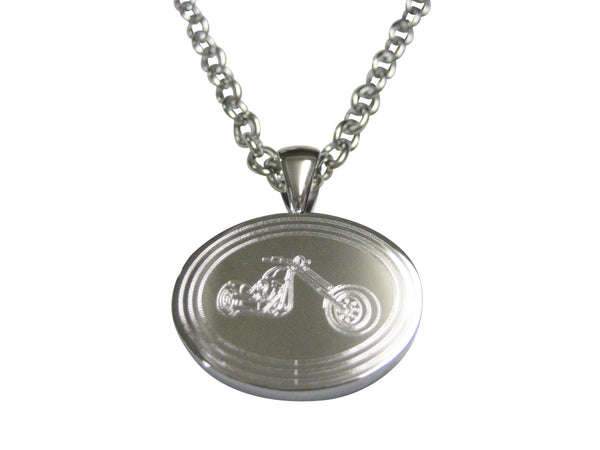Silver Toned Etched Oval Chopper Motorcycle Pendant Necklace