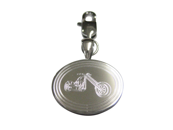 Silver Toned Etched Oval Chopper Motorcycle Pendant Zipper Pull Charm