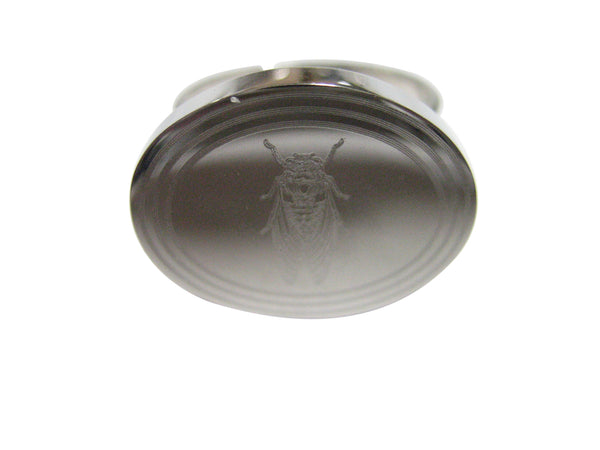 Silver Toned Etched Oval Cicada Bug Adjustable Size Fashion Ring