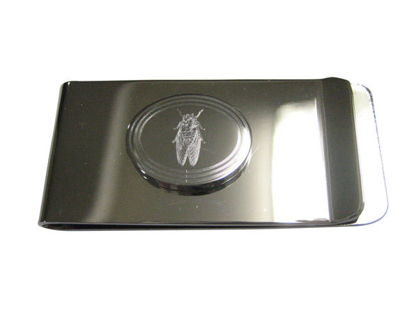 Silver Toned Etched Oval Cicada Bug Money Clip