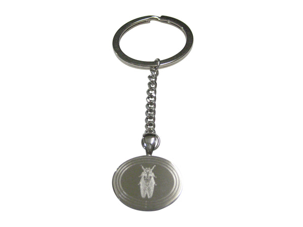 Silver Toned Etched Oval Cicada Bug Pendant Keychain