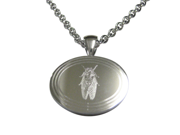 Silver Toned Etched Oval Cicada Bug Pendant Necklace
