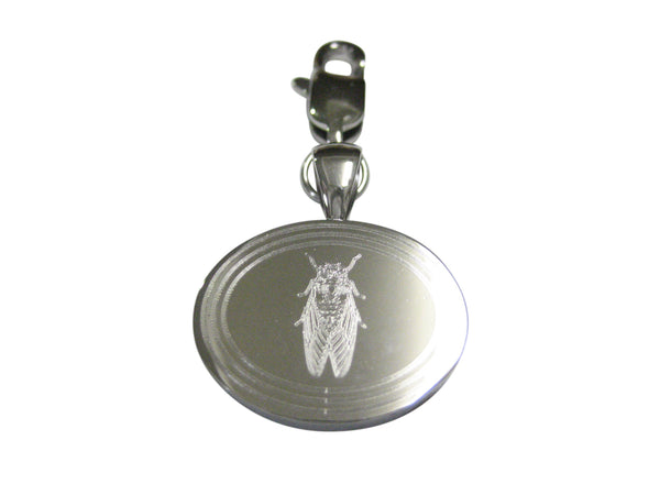 Silver Toned Etched Oval Cicada Bug Pendant Zipper Pull Charm