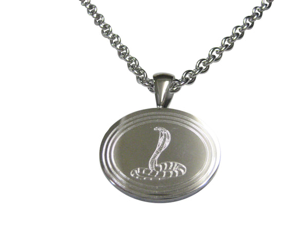 Silver Toned Etched Oval Cobra Snake Pendant Necklace