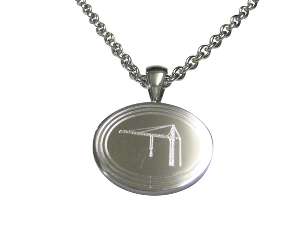 Silver Toned Etched Oval Construction Crane Pendant Necklace