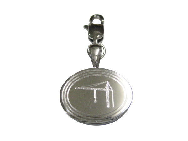 Silver Toned Etched Oval Construction Crane Pendant Zipper Pull Charm