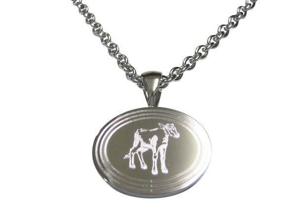 Silver Toned Etched Oval Cow Calf Pendant Necklace