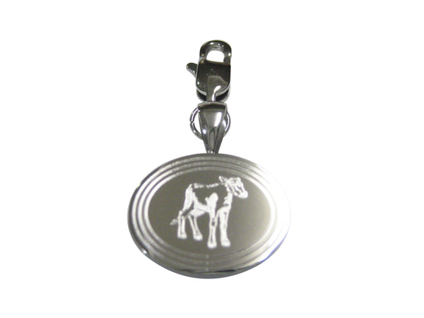 Silver Toned Etched Oval Cow Calf Pendant Zipper Pull Charm