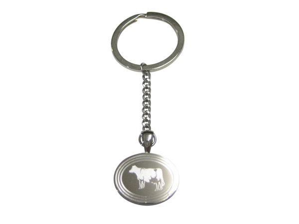 Silver Toned Etched Oval Cow Pendant Keychain
