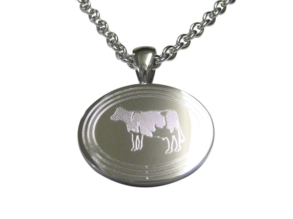 Silver Toned Etched Oval Cow Pendant Necklace