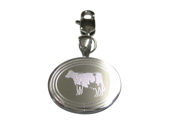 Silver Toned Etched Oval Cow Pendant Zipper Pull Charm