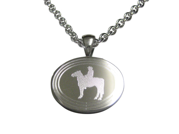 Silver Toned Etched Oval Cowboy Pendant Necklace
