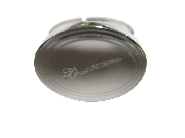 Silver Toned Etched Oval Dental Tooth Brush With Paste Adjustable Size Fashion Ring