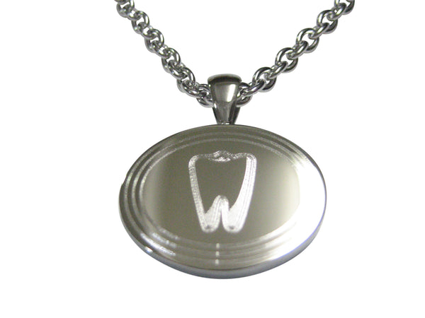 Silver Toned Etched Oval Dental Tooth Pendant Necklace