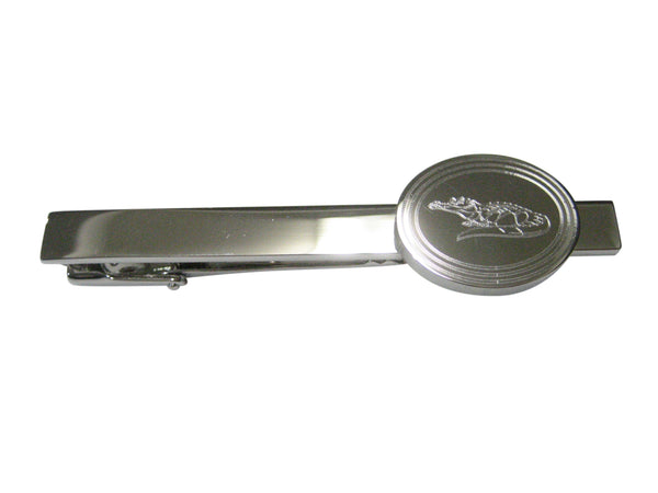 Silver Toned Etched Oval Detailed Alligator Tie Clip