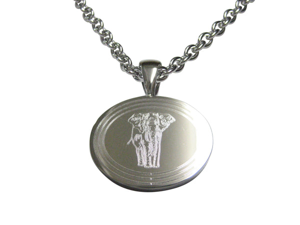 Silver Toned Etched Oval Detailed Elephant Pendant Necklace